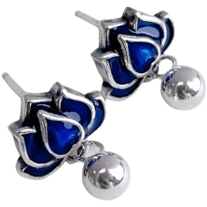 Blue Lotus Flower Earrings for Women Fresh Vintage Classic Art Enamel Tassel Short Earings Stud Party Jewelry Gifts
