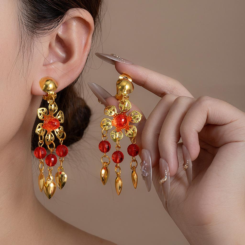 Orecchini a clip da ballo con frange, dorati indiani, cavi, incastonati di diamanti, stile etnico, retrò, lusso leggero, moda, orecchini atmosferici per donna