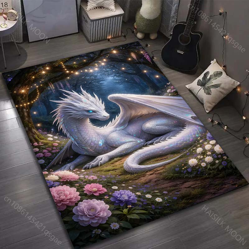

1PC White dragon in floral meadow Carpet for Living Room Bedroom Sofa Home Decor Rus Non-slip Floor Mat Luxury Gift 40cm x 60cm