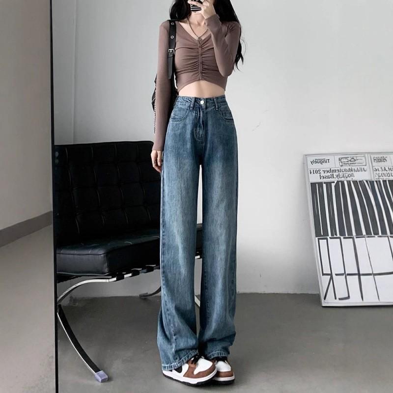 Womens High-Waisted Wide-Leg Straight Jeans Lightweight Cotton Blend Loose Fit Petite