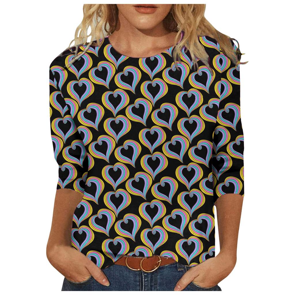Women's Fashion Print Casual Seventh Sleeve Round Neck T-Shirt Top