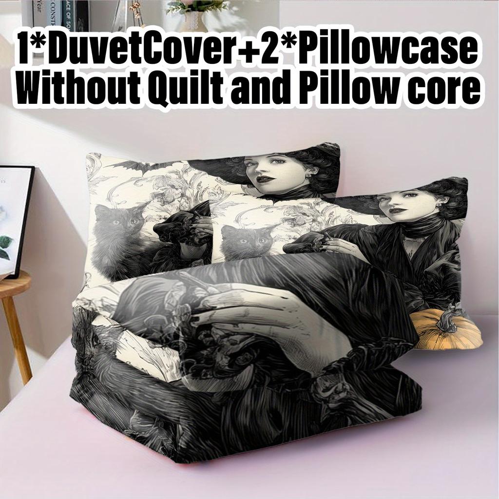3pcs Halloween Pumpkin Monster Duvet Cover Set without Core Quilt Cover with 2 PillowcasesSoft and Machine Washable Duvet Cover