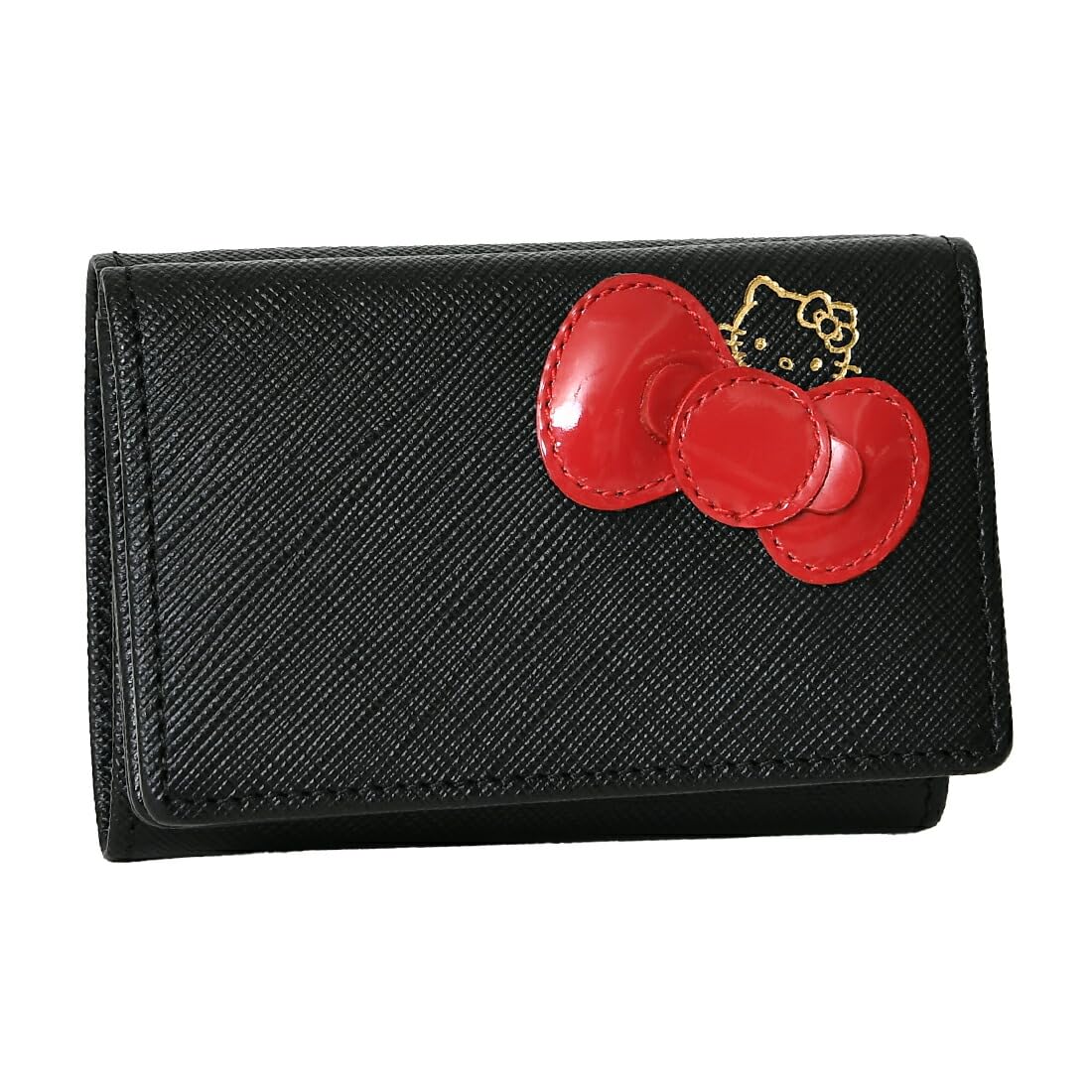 

12163 Genuine Leather Short Wallet Mini Wallet Snap Button Closure External Coin Space Black [Hello Kitty] Tri-fold Women s чорний