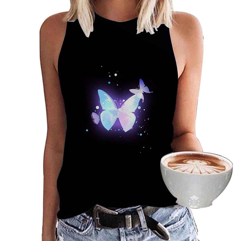 Women's Butterfly 3D Printed Sleeveless T-shirt, Y2K Top, Oversized Round Neck Vest, Off Shoulder, Girls' Sleeveless T-shirt, Summer