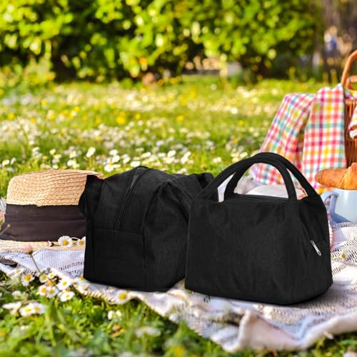 Insulated Lunch Bag Black 23x13x19cm Portable Handle Zipper Closure Thermal Cooler Food Container