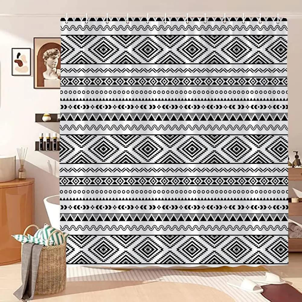 Vintage Geometric Lines Shower Curtain Modern Abstract Bohemian Minimalist Tones Polyester Fabric Shower Curtains Bathroom Decor