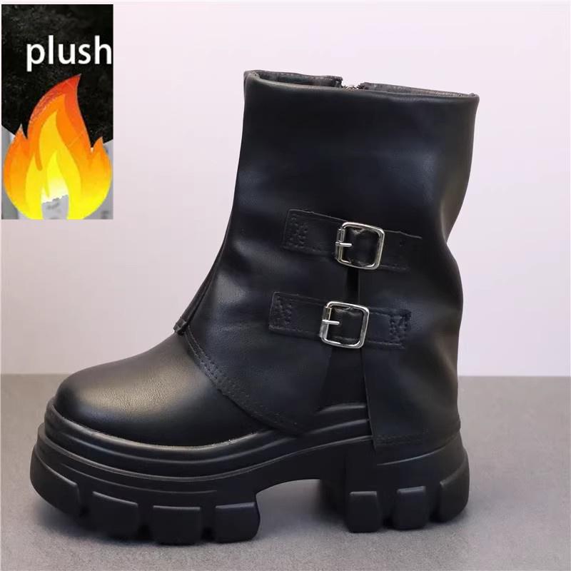 Fashion 12CM Microfiber Leather Autumn Boots Flats Plush Ankle Booties Women Platform Wedge Thick Sole Motorcycle Winter Shoes
