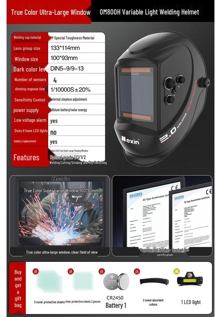MEIXINOM-800H Auto-Darkening Welding Helmet, Electric Arc Protection Mask