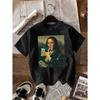 Women's Black Humorous Mona Lisa Money Bills Graphic Casual Short Sleeve Summer Short Sleeved