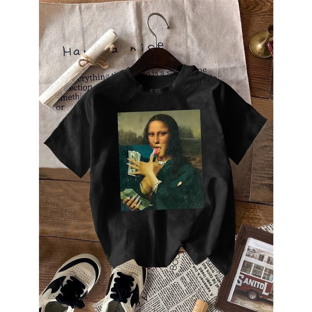 Women's Black Humorous Mona Lisa Money Bills Graphic Casual Short Sleeve Summer Short Sleeved