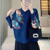2025 Spring Butterfly Print Ruched Nine-Sleeve Cardigan: Chinese Style Buttoned Top for Moms