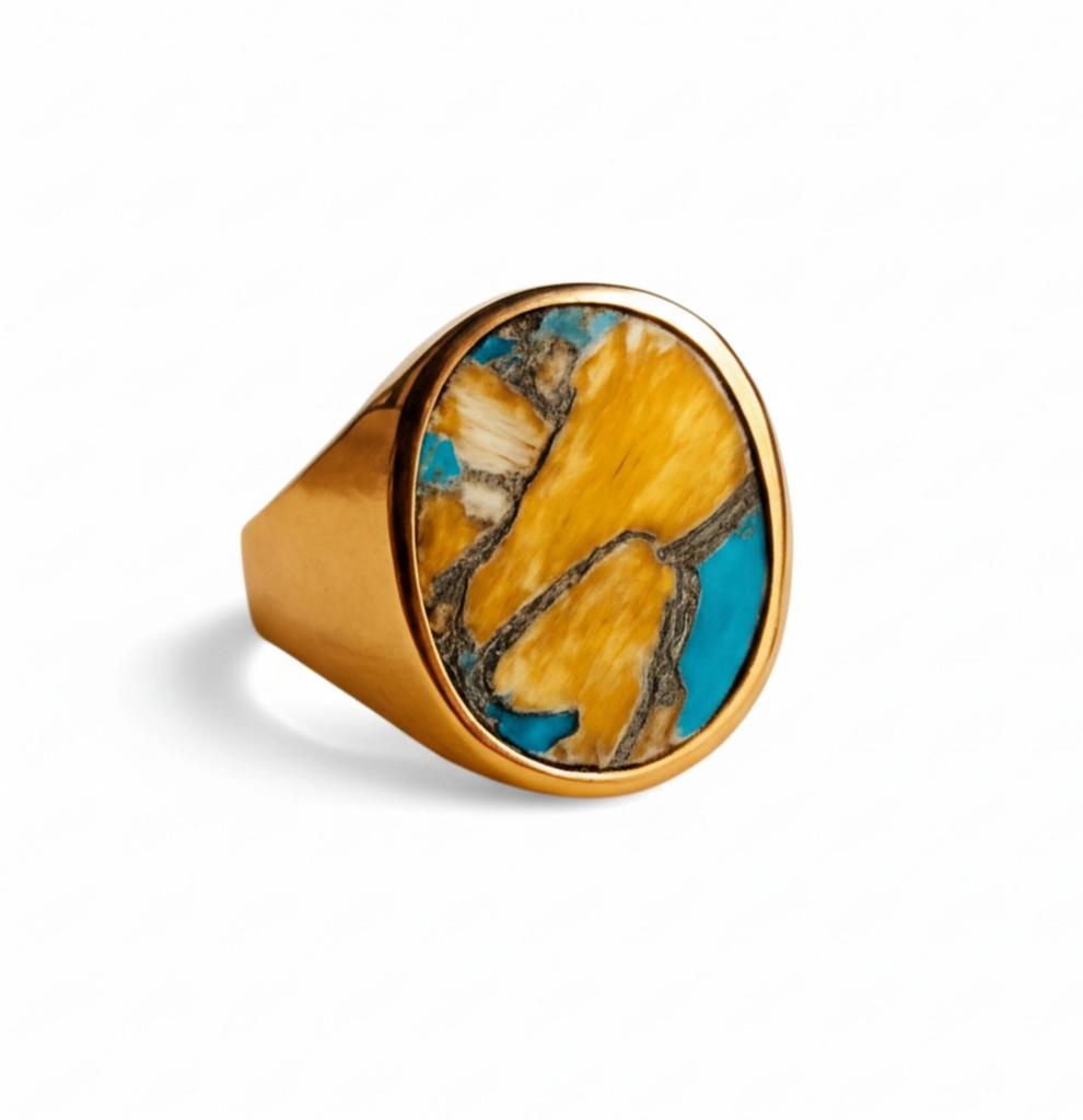 Oyster Copper Turquoise Ring, 925 Solid Sterling Silver, Turquoise Signet Ring, Unisex Multicolor Gemstone Ring, Pure Copper Ring