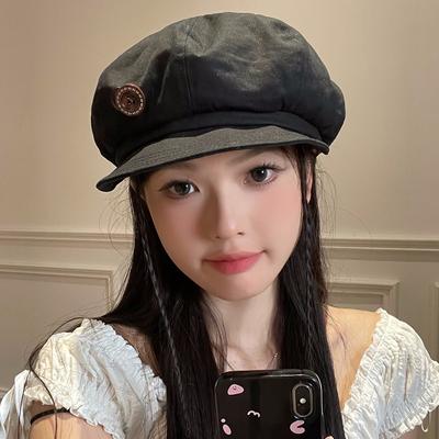 Fashion Spring Autumn Button Berets for Women  Solid Color Octagonal Hat Korean Fashion Girls Vintage Painter Cap Outdoor Travel Retro Cloud Hat