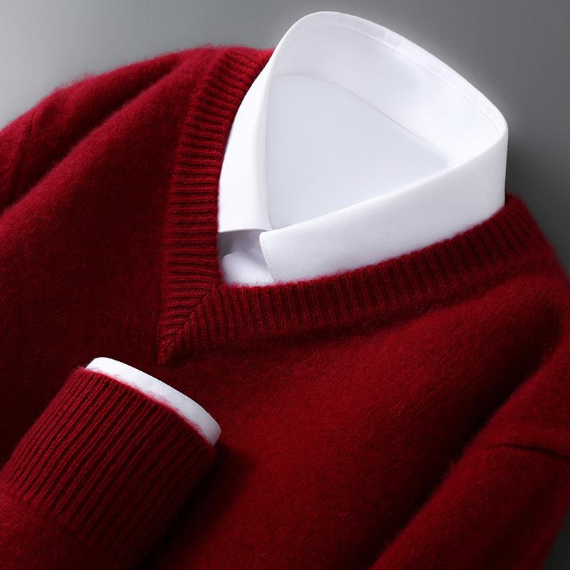 Men's 100% Pure Wool V-neck Thick Warm Business Casual Sweater
