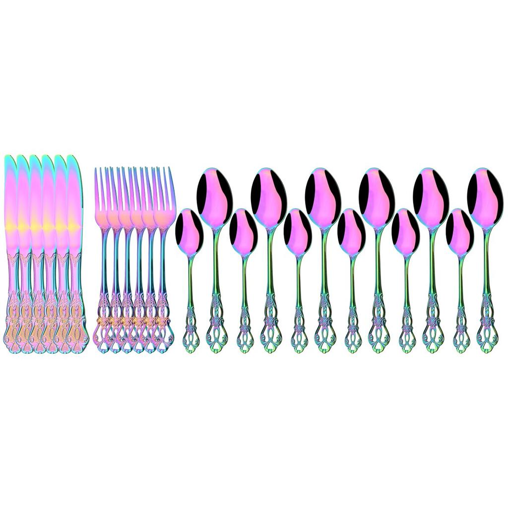 24Pcs Knife Fork Ice Spoon Dinnerware Set Colorful Stainless Steel Cutlery Set Vintage Hollow Tableware Wedding Party Silverware