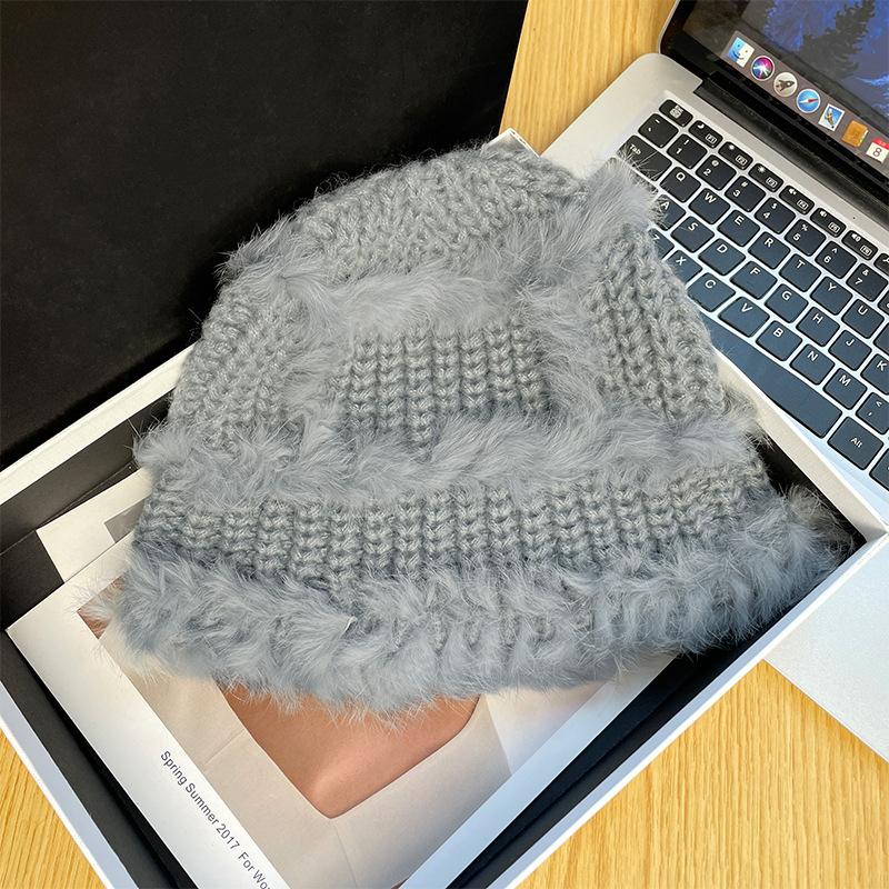Rabbit hair knitted fisherman's hat children's winter big head circumference ear protection wool hat thickened warm face small bucket hat
