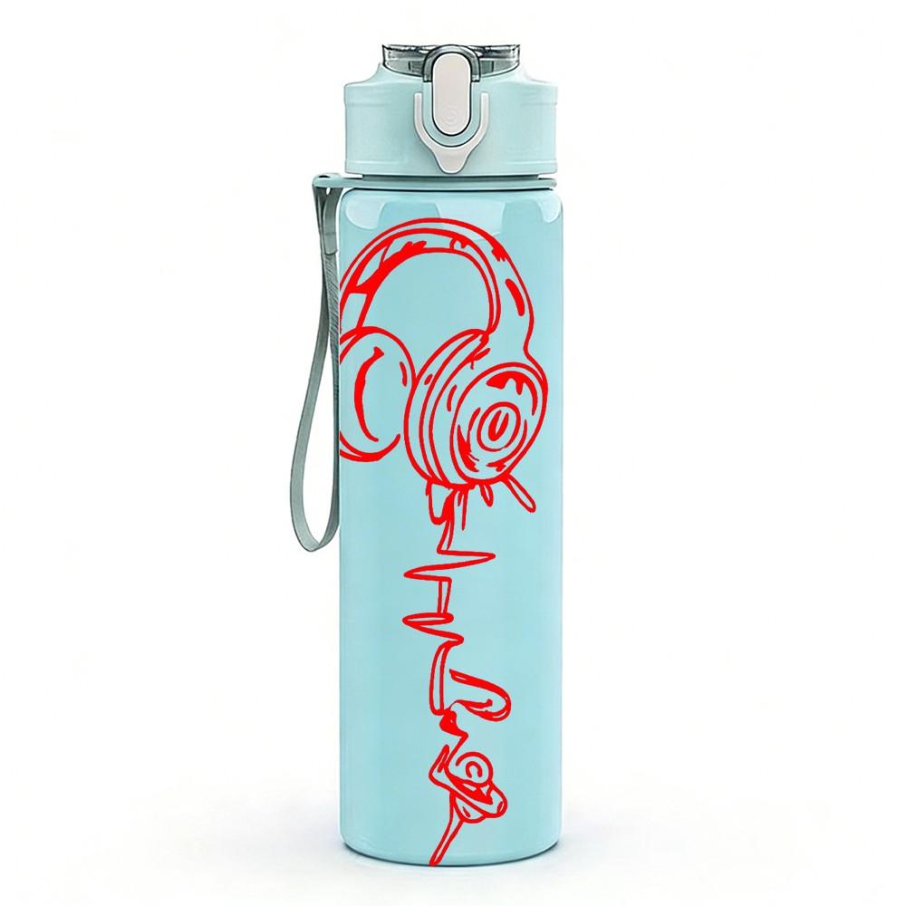 1PC Red Headphone Line Art 750ml Color Plastic Sports Water Bottle Leakproof Flip Straw Lid Suitable for Sports Office Home Use