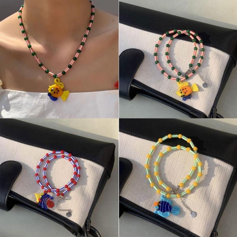 Ocean Beaded Necklace with Fish Pendant Adjustable Length Clavicle Chain for Women Fashionable Neckchain Accessory