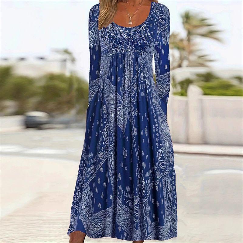 Autumn Women Print Dress Ladies Skirt Autumn Round Neck Print Long Sleeve Women Long Dress