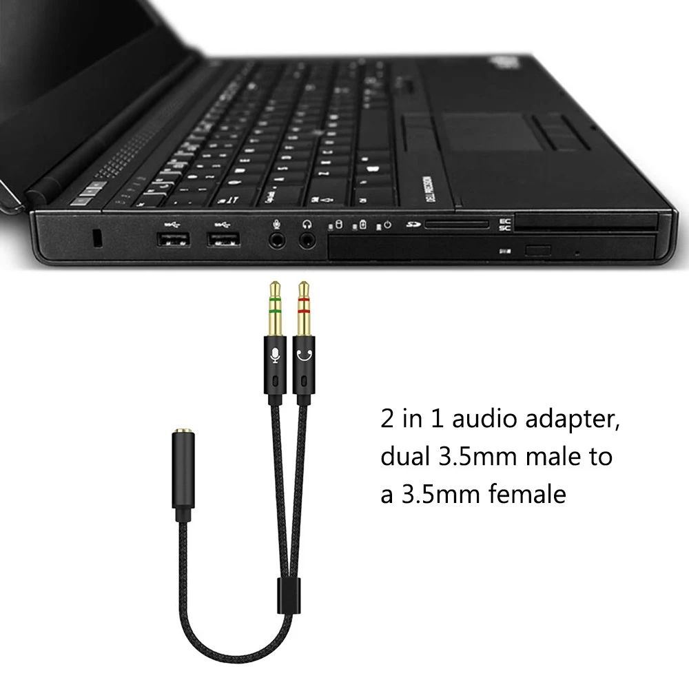 

25cm 2 in 1 Audio Adapter Cable Dual 3.5mm Male to 3.5mm Female Braided Cable with Gold Plated Connector for PC Laptops Black