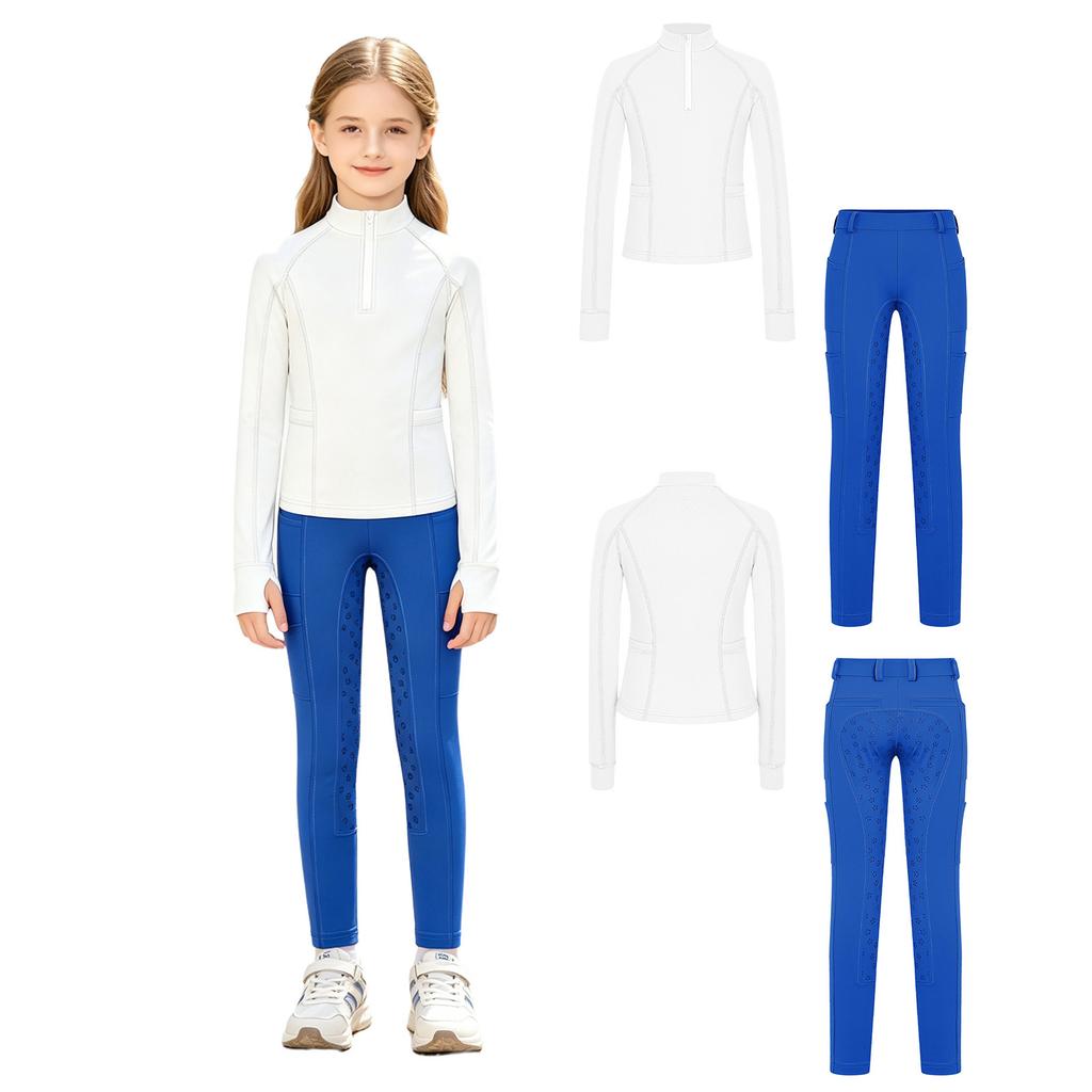 Tenue d'équitation pour filles Ensemble à col montant, manches longues avec trous pour les pouces, pull à fermeture éclair avec pantalon d'équitation à grip intégral antidérapant pour l'entraînement