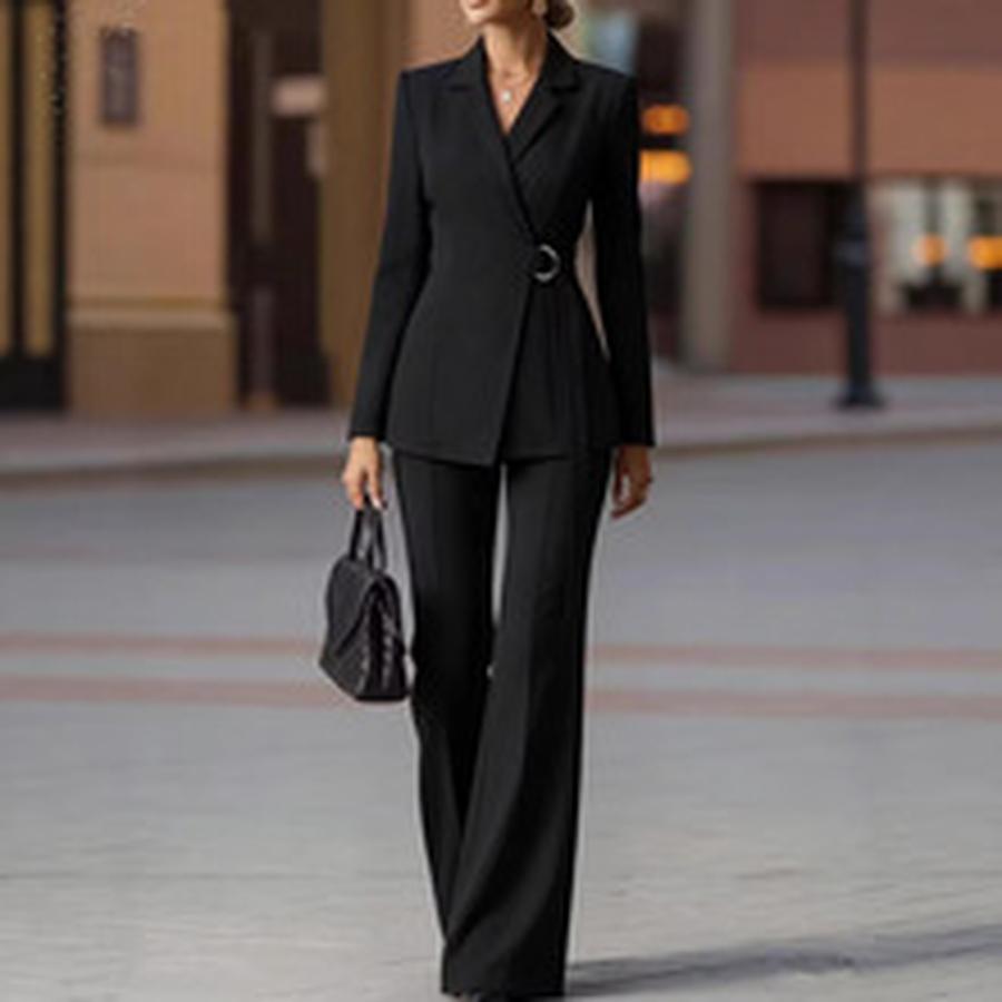 Autumn Hot Sale Temperamental Commute Slim Fit Color Block Long Sleeve Suit Pants Set Women's Clothing