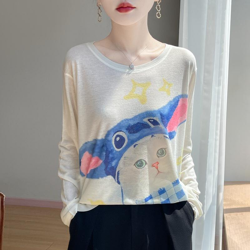 

Spring and Summer New Color-Printed Round-neck Long-sleeved Printed Fashion Pullover Lightweight Top Base Dress for Women M