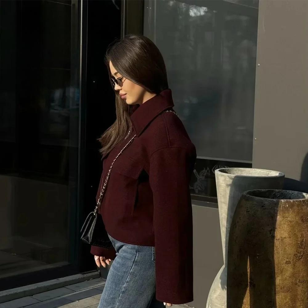 Autumn Winter Casual Women Wine Red Jackets Fashion Streetwear Zipper Pockets Turn Down Collar Chic Ladies Jackets