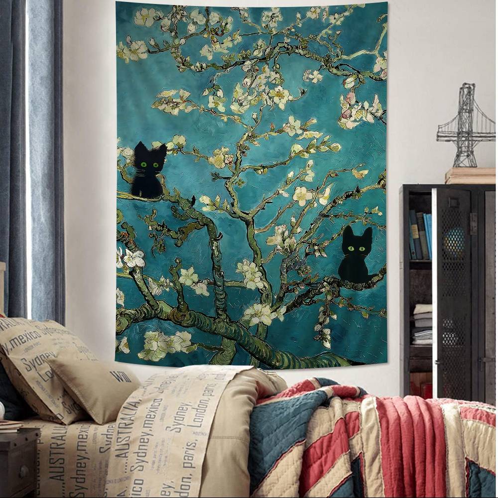 Black Cat Van Gogh Hippie Wall Hanging Tapestries Bohemian Wall Tapestries Mandala INS Home Decor