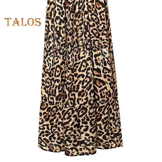 Women Strappy Dress Leopard Print Low-cut V Neck Sleeveless Tight High Waist Color Matching Backless Big Hem Vacation Beach Maxi Dress