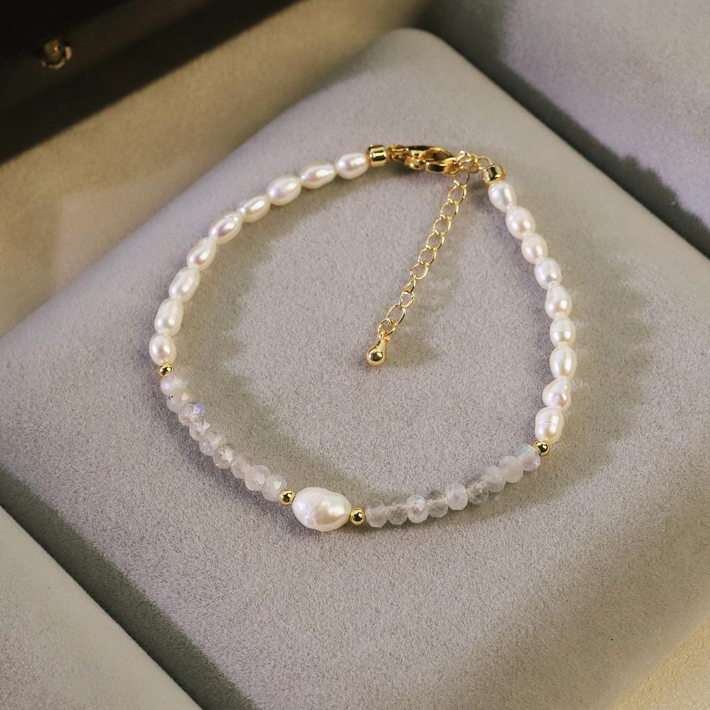 Natural Freshwater Pearl Moonstone Beaded Adjustable Bracelet for Women Daily Office Wedding Pearl Bracelet Dainty Jewelry