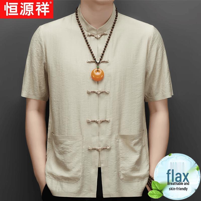 Hengyuanxiang Men's New Chinese Style Linen Blend Short-Sleeve Shirt