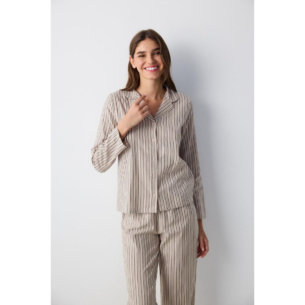 Cotton Emma Striped Gray Shirt Trousers Pajama Set