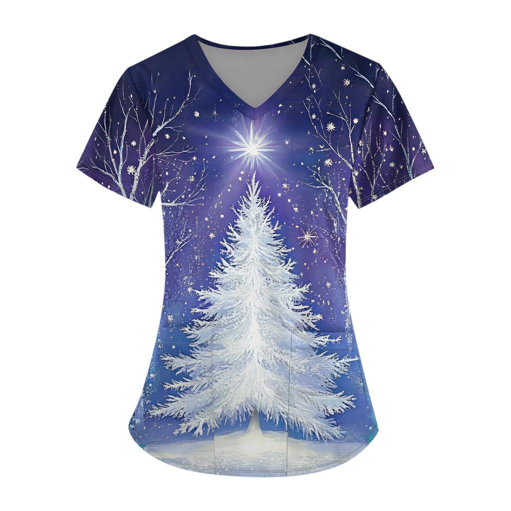 Hauts d'uniforme de travail imprimés grande taille pour femmes, col en V croisé, imprimé Halloween, manches courtes, t-shirts amusants, t-shirts de travail avec poches