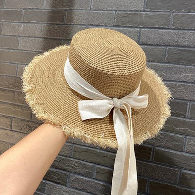 Summer Straw Hat, Lafite Grass Edge, Patchwork Hat, Women's Sun Hat, Artistic Bow, Flat Top Hat