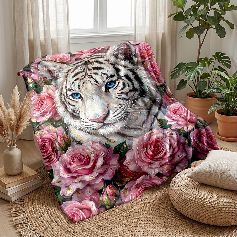 White Tiger in Flowers Theme blanket Lightweight Warm Flannel Blanket Decorative Throw Blanket for Home Decoration