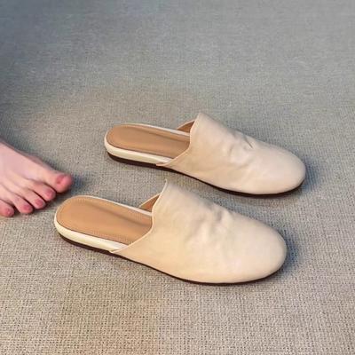 Skóra owcza~ Nowe minimalistyczne skórzane klapki Baotou Damskie letnie do noszenia na zewnątrz sandały na płaskiej podeszwie