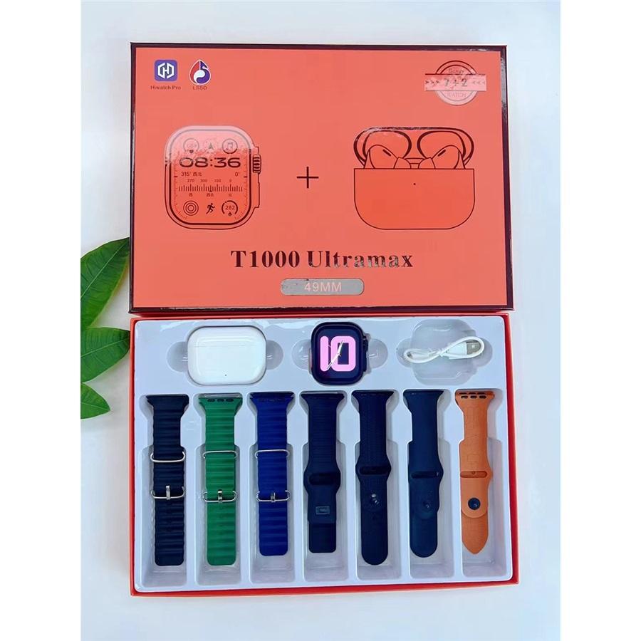 

T1000 Ultra Max + Наушники-вкладыши Смарт-часы для мужчин Всегда включенный дисплей Монитор сердечного ритма Звонки по BT Женские водонепроницаемые смарт-часы