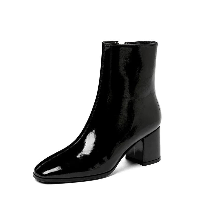 2025 New Women's Boots Autumn Women's Fashion Square High Heels Patent Leather Shoes Ankle Boots Black Women's Zipper Zapatos