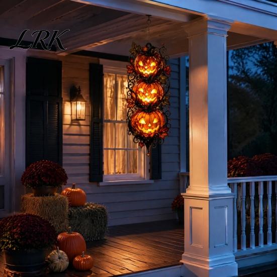 Halloween Pumpkin Hanging Ornaments Triple Stacked Jack-o'-Lantern Door Hanger, 2D Wall Ornament, Spooky Theme House Decor Fall Porch for Front