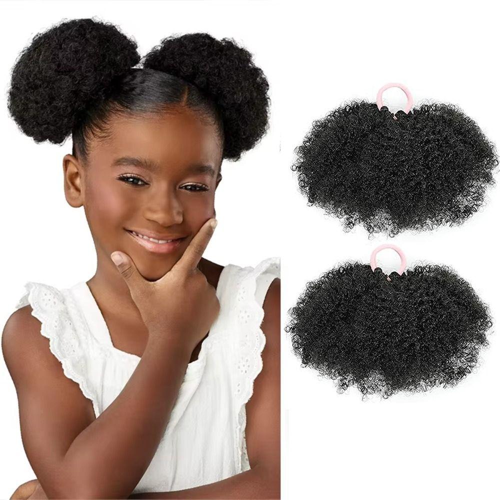 2Pcs Black Mini Afro Kinky Curly Hair Bun Elastic Afro Puff Drawstring Ponytail  Little Girls