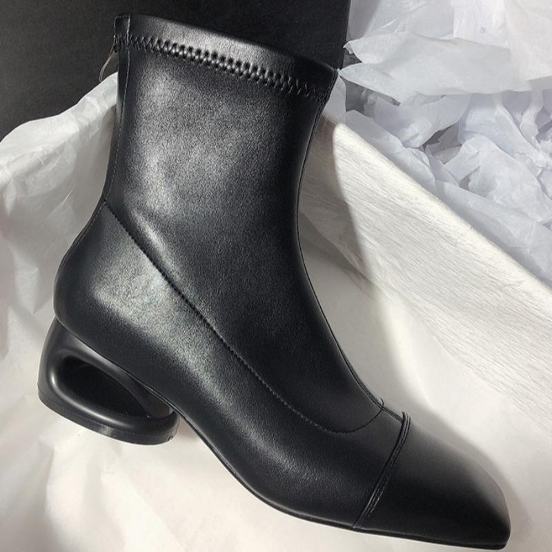 Fashion 2025 New Women's Hollow Heel Square Head Metal Modern Short Boot for Women Winter Street Style Mid Heel Boots Female