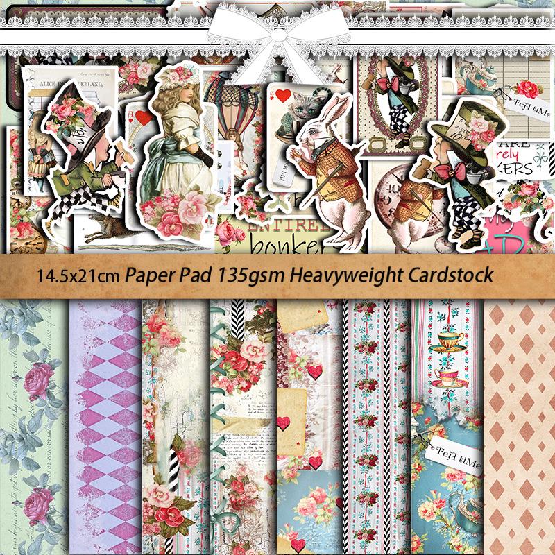 Retro Alice Tea Party Paper Set: 8 Sheets & 30 Stickers with European and American Character Rhombus Patterns