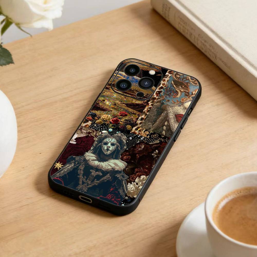 Dark Ornate Collage Art  Phone Case For iPhone 17 16 15 14 13 12 Max Plus Silicone Black Cover