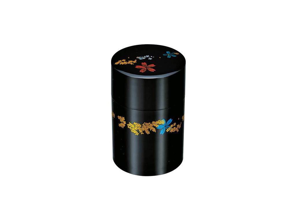Nakatani Brothers Company Yamanaka Lacquerware Tea Caddy (with Inner Lid) Black, Cherry Blossom Snowflake Design 37-3412