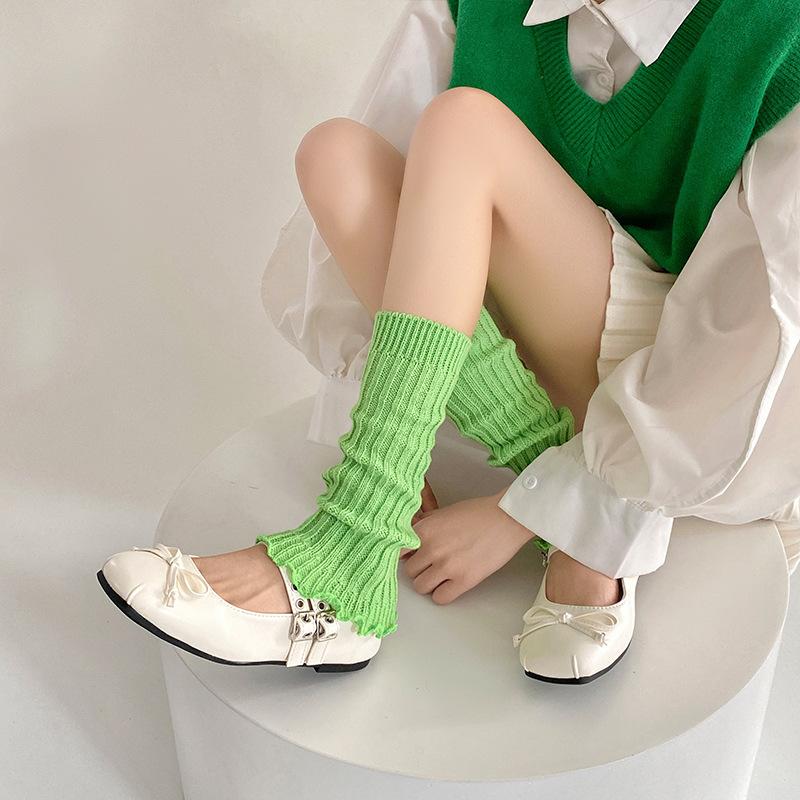 Socks College Style Spring And Autumn Medium Tube Stacking Socks Solid Color Lace Lolita Wool Leg Cover