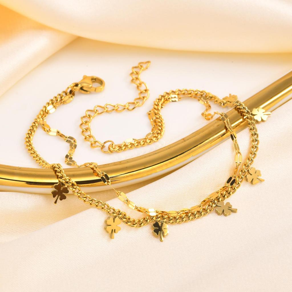 Summer Beach Ladies Lip Chain Anklet Titanium Steel Fashion Four Leaf Clover Double Layer Anklet