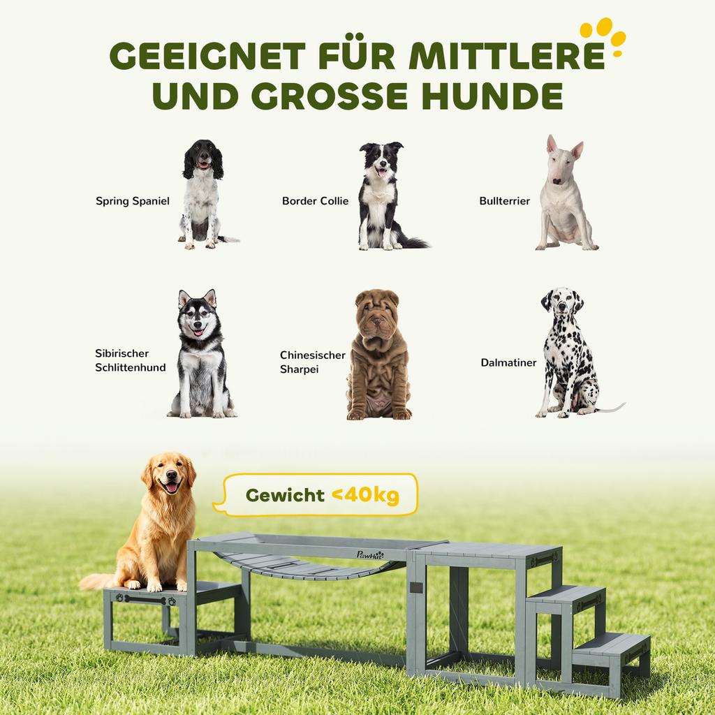 3 Pieces Wooden Dog Agility Training Equipment with Soft Bridge, Pause Platform and Pet Stair for Outdoor, Grey
