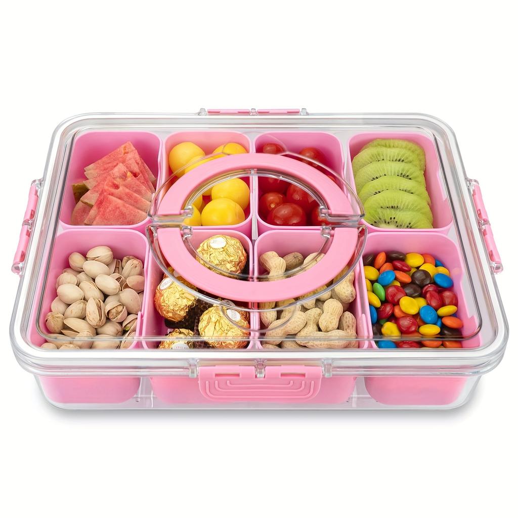 8 Grids Snack Container with Leak-Proof Lid & Handle - Portable Square Party Tray for Travel, Office, School, BBQs - Outdoor-Safe Snack Tray
