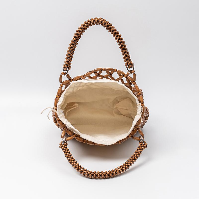 European American Style Handmade Woven Hollow Out Beaded Bag, Women Wooden Bead Tote Bag, Beach Vacation Crossbody Shoulder Bag